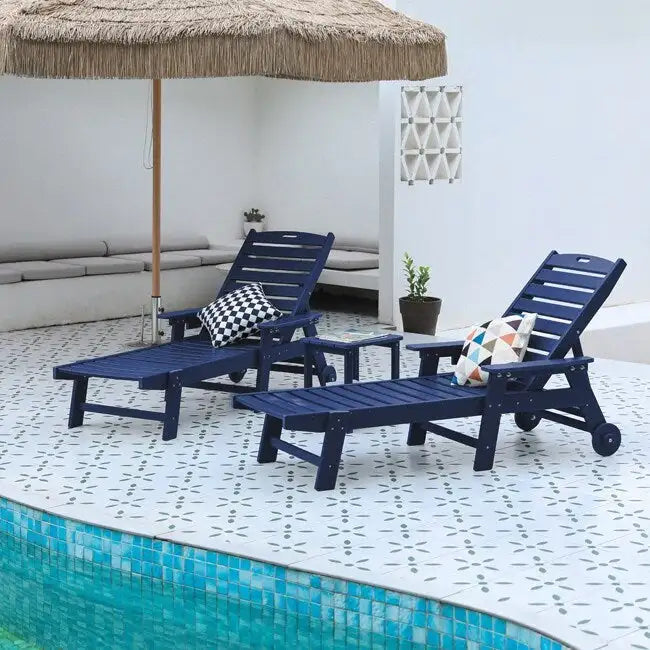 3-Piece Patio Set 2 Oversized Chaise Lounges (5-Position, Wheels, Cup Holder) + Side Table, All-Weather Wood Texture