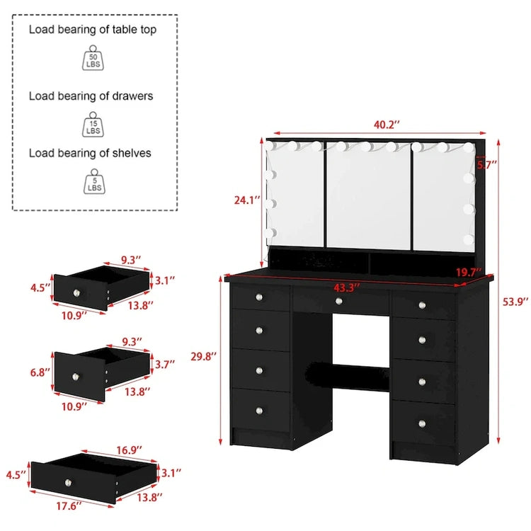 Luxurious LED Makeup Vanity with 9 Drawers Elegant Makeup Station