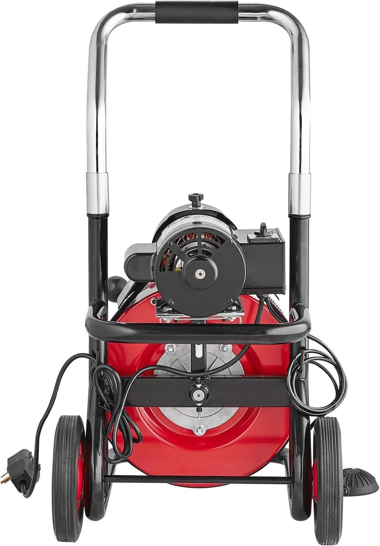 Drain Cleaner Machine 100FT X 1/2 Inch, Auto Feed Sewer Snake Auger on Wheels, 550W Portable Drain Cleaning Machine