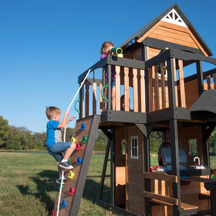 Canyon Creek Cedar Wood Swing Set with Wave Slide, Clubhouse, Play Kitchen, Picnic Area, Belt Swings, Web Swing, Rock Wall, Balconies, Playhouse