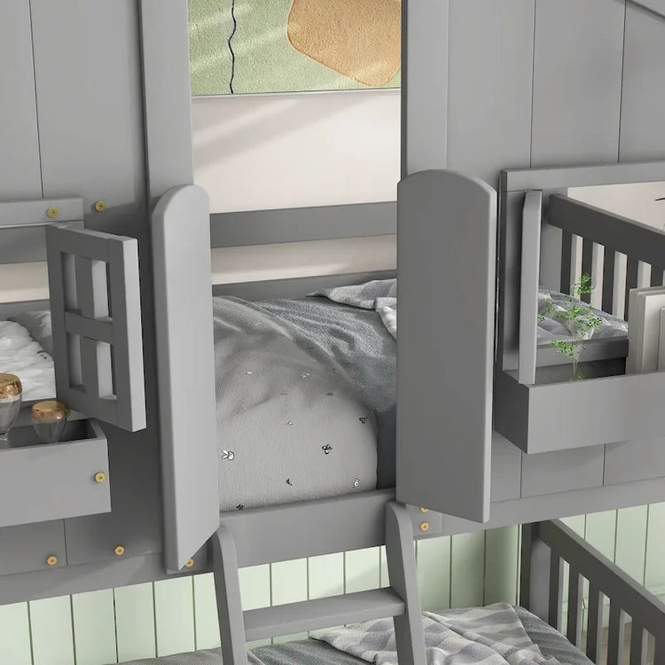 Twin Over House Bunk Bed with Roof, Window, Window Box, Door, with Safety Guardrails and Ladder, Grey