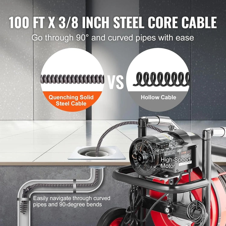 Drain Cleaner Machine 100FT X 1/2 Inch, Auto Feed Sewer Snake Auger on Wheels, 550W Portable Drain Cleaning Machine