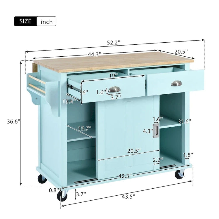 Kitchen Cart with Rubber Wood Drop-Leaf Countertop, Concealed Sliding Barn Door Adjustable Height, Kitchen Island on 4 Wheels