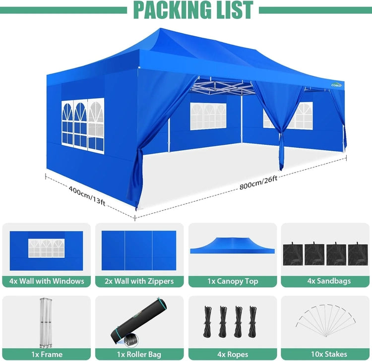 Cobizi 10x20 Heavy Duty Pop up Canopy Tent with 6 Sidewalls Easy up Commercial Outdoor Canopy Wedding Party Tents