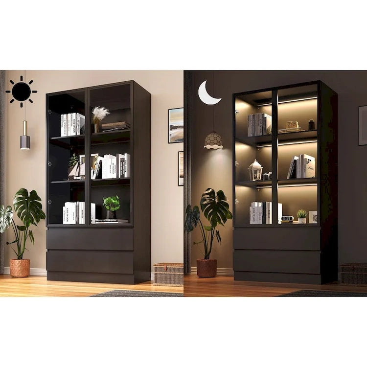 Display Storage Cabinet, Display Cabinet with Tempered Glass Doors, Showcase with 4-Tier Storage Shelves