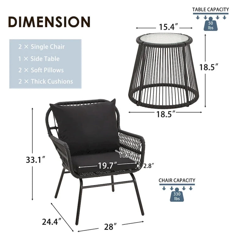 3-Piece Patio Conversation Bistro Set, Outdoor Rattan Furniture Set with Glass Table & 2 Wide Armchairs, Seat Cushions