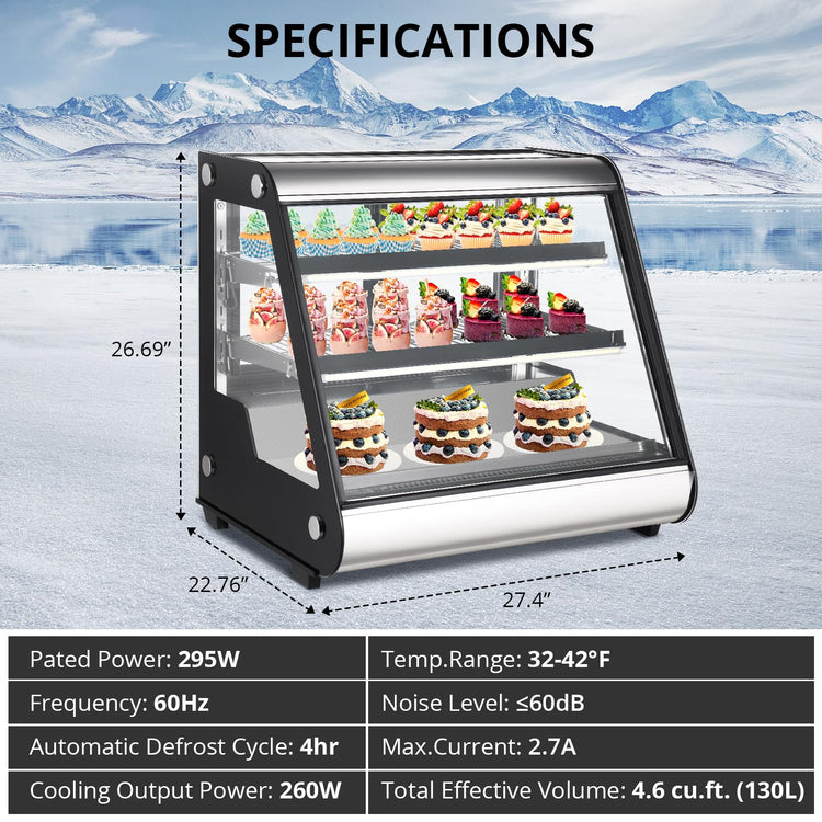 Commercial Refrigerator Display Case 130L (4.6 Cu. Ft.) - Auto Defrost, Tempered Glass + LED Lighting, Countertop Commercial Use