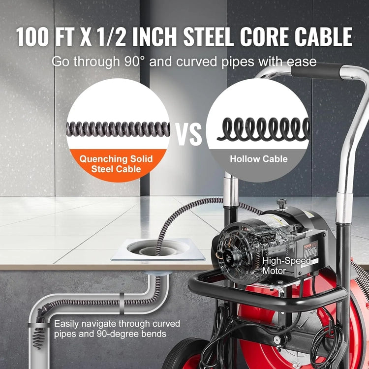 Drain Cleaner Machine 100FT X 1/2 Inch, Auto Feed Sewer Snake Auger on Wheels, 550W Portable Drain Cleaning Machine